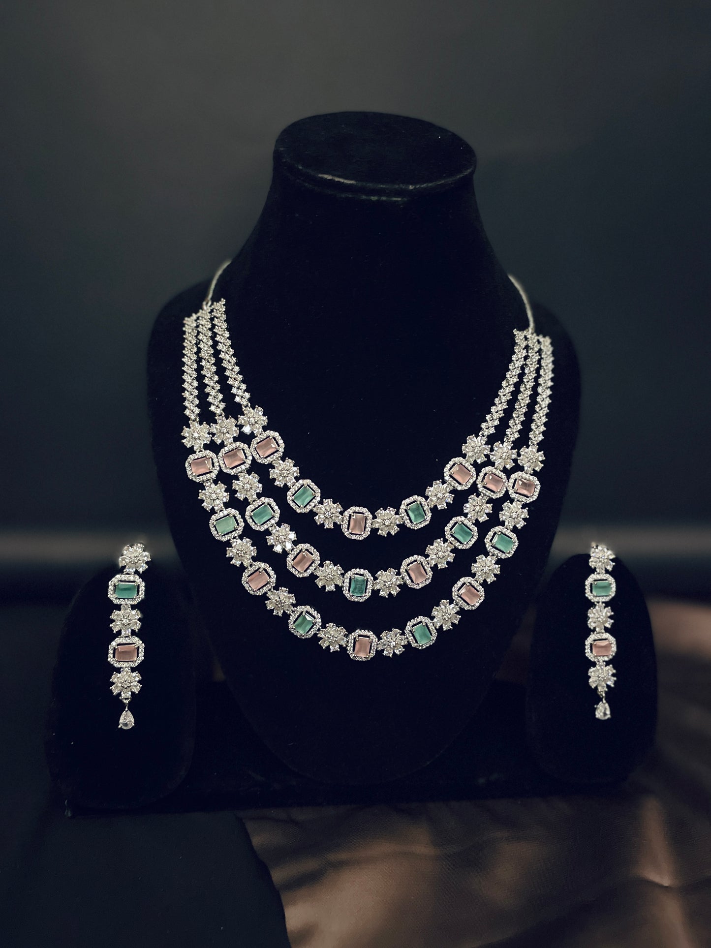 Pastel Pink & Green 3 layer AD Necklace Set