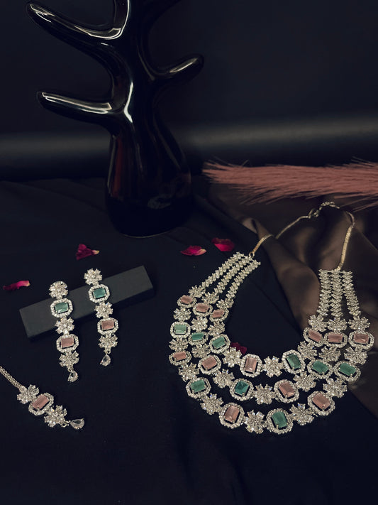 Pastel Pink & Green 3 layer AD Necklace Set